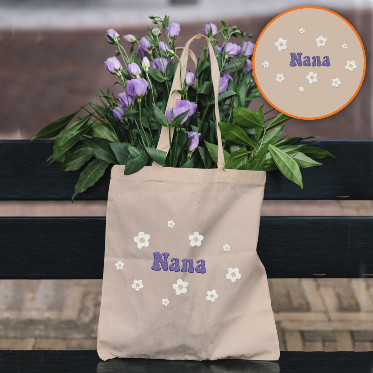 Custom Name With Flower - Personalized Grandma Embroidered Tote Bag