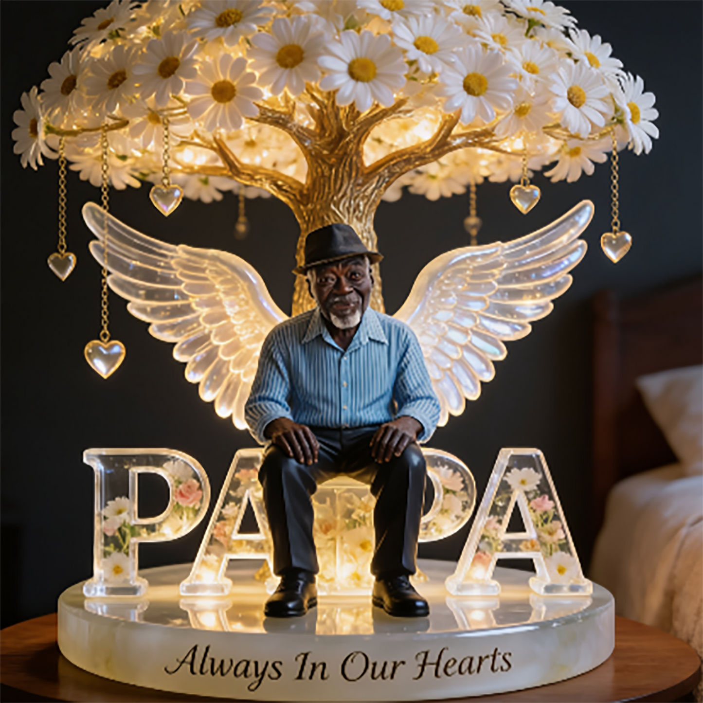 Custom Black Grandpa Always In Our Hearts Angel Wings Figurine, Personalized Memorial Tree Lamp Statue, Sympathy Remembrance Night Light Table Decor