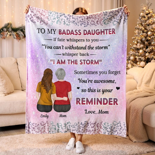 Custom Blanket Mom And Daughter Sitting Together Back View, 'I Am The Storm' Quote, Cozy Throw Gift For Daughter