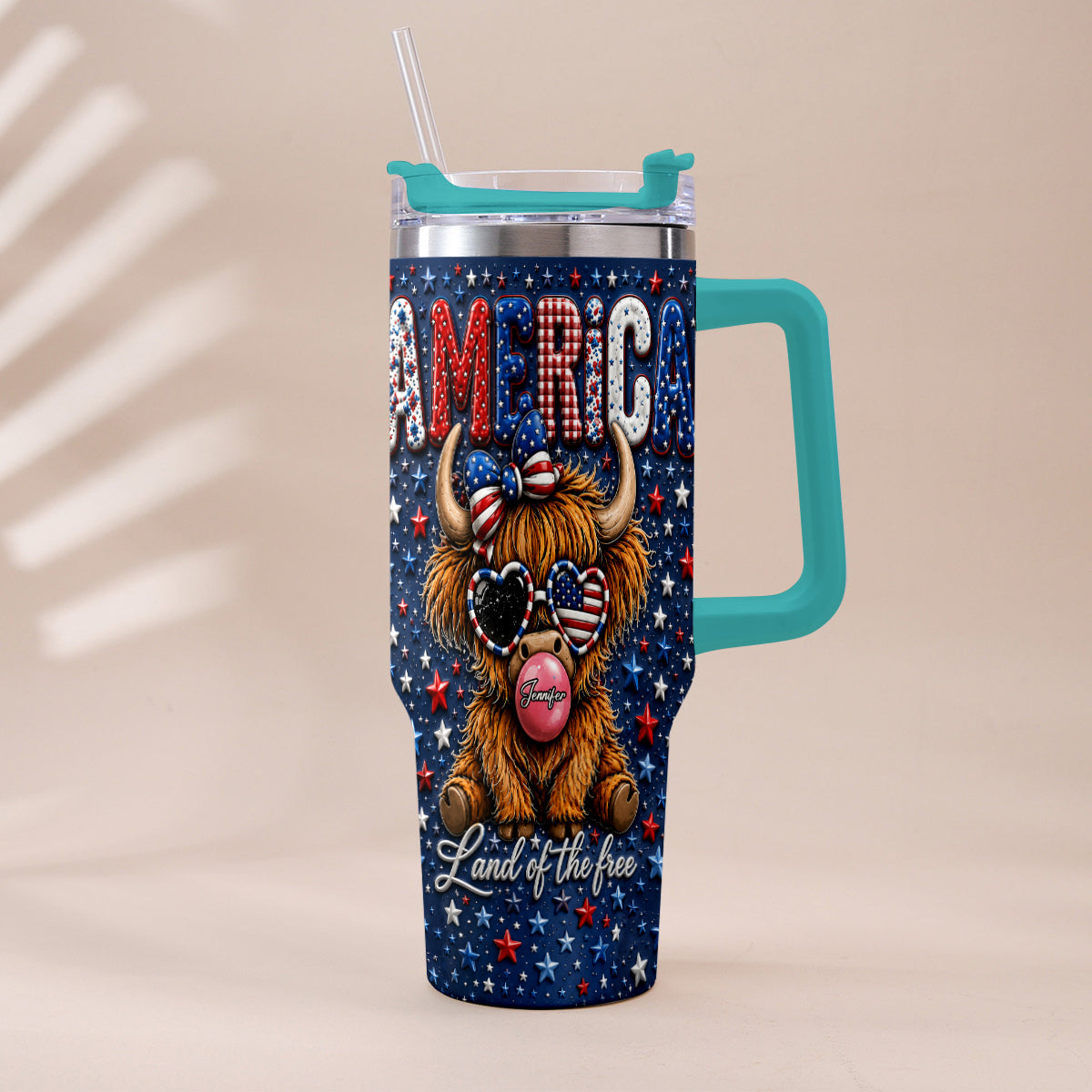 Land Of The Free - Personalized Highland Cow Tumbler With Plush Charm