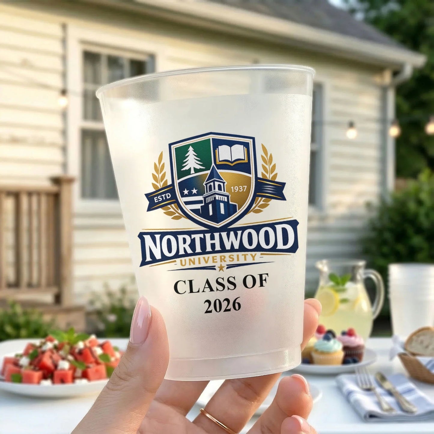 Personalized Frosted Plastic Cup With Custom School Crest Look For Graduation Party Table Decor, Unique Creative Gift