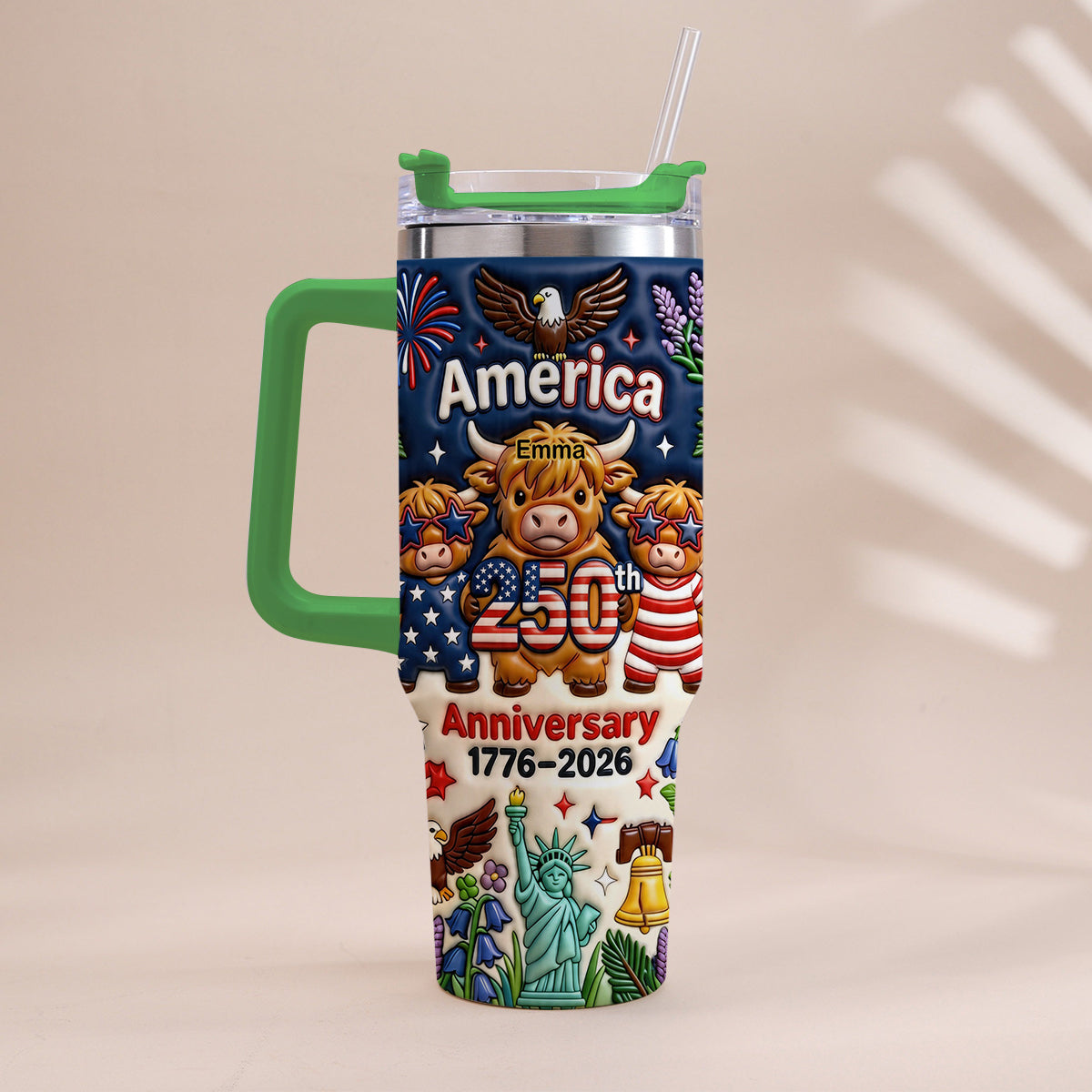 Cute Highland Cow America 250th Anniversary - Personalized Highland Cow Tumbler With Handle