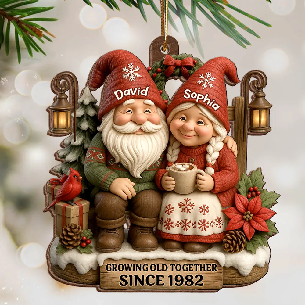 Personalized Wooden Ornament for Couples Growing Old Together – Cute Gnome Design, Christmas Tree Decoration, Unique Romantic Gift