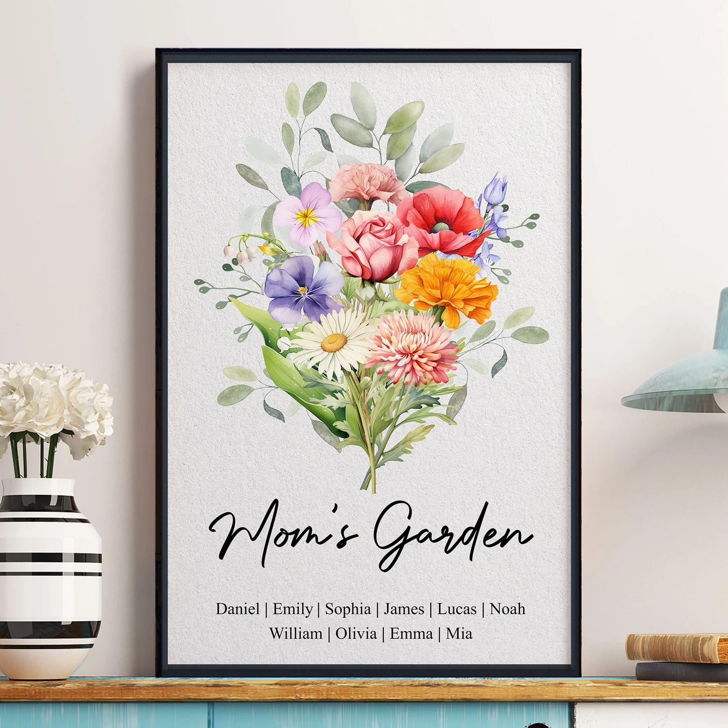 Personalized Birth Flower Bouquet Poster for Mom's Garden - Watercolor Family Keepsake, Unique Gift for Mom or Grandma