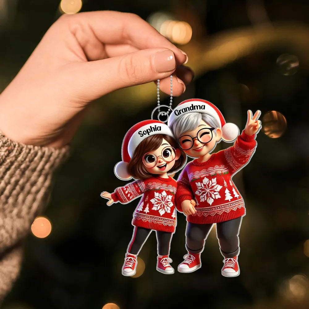Festive Acrylic Ornament – Grandma & Me, Peace-Sign Pose, Personalized Holiday Gift
