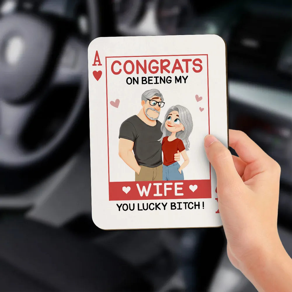 Personalized Wooden Car Visor Clip Funny Couple Illustration Card Style Car Decor, Unique Gift for Wife