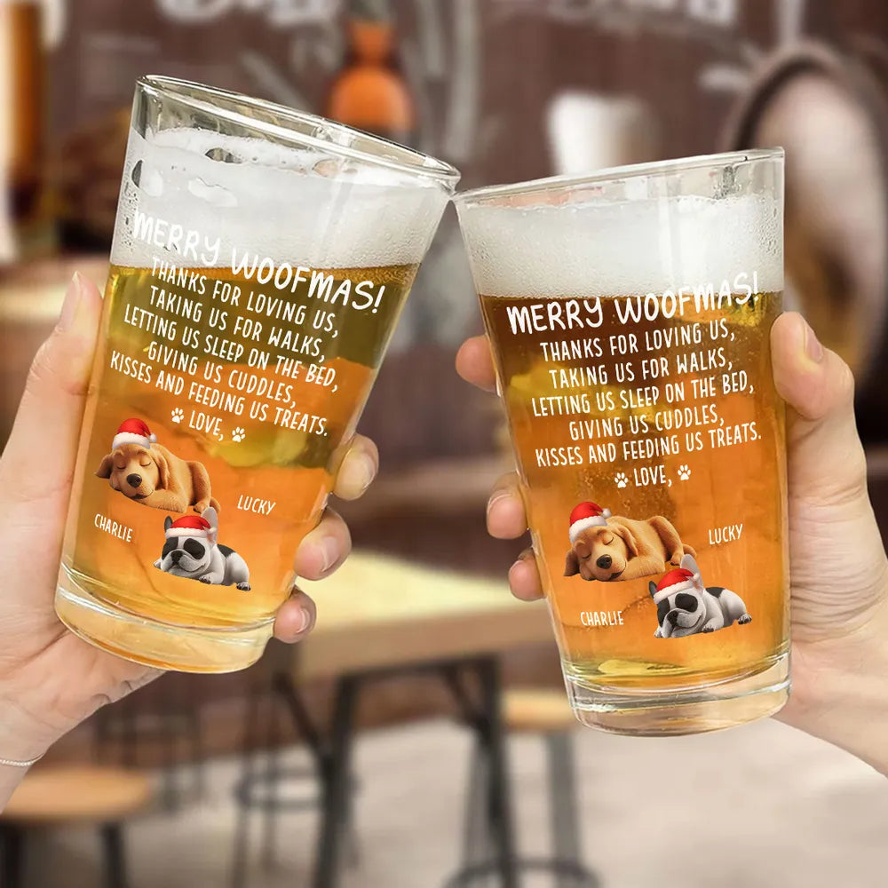 Merry Woofmas Beer Glass with cute dog print, fun holiday gift for dog owners and pet lovers