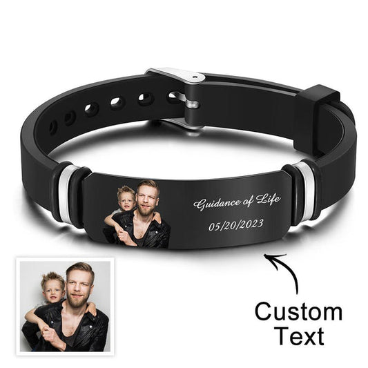 Any Photo And Message - Personalized Photo Engraved Black Bracelet