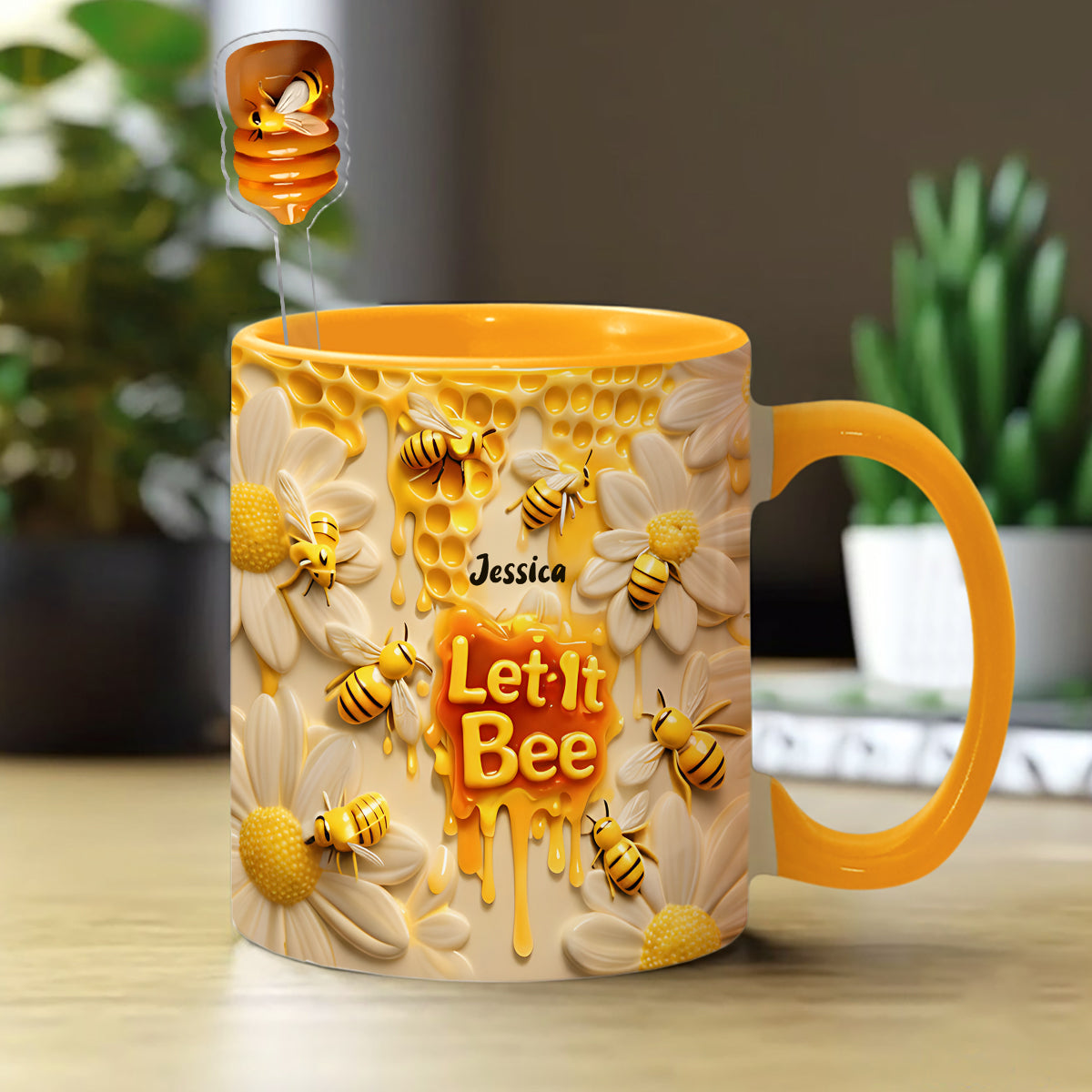 Let It Bee, Bee Flowers - Personalized Bee Set Accent Mug with Acrylic Stirrers