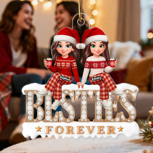 Acrylic Ornament - Besties Forever, cute cartoon friends in Santa hats holding hands, cozy tree decor, unique gift for best friend