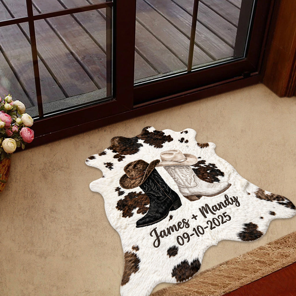 Farm House Decoration, Cowboy & Cowgirl Couple - Personalized Western Outfit Shaped Doormat/ Rug