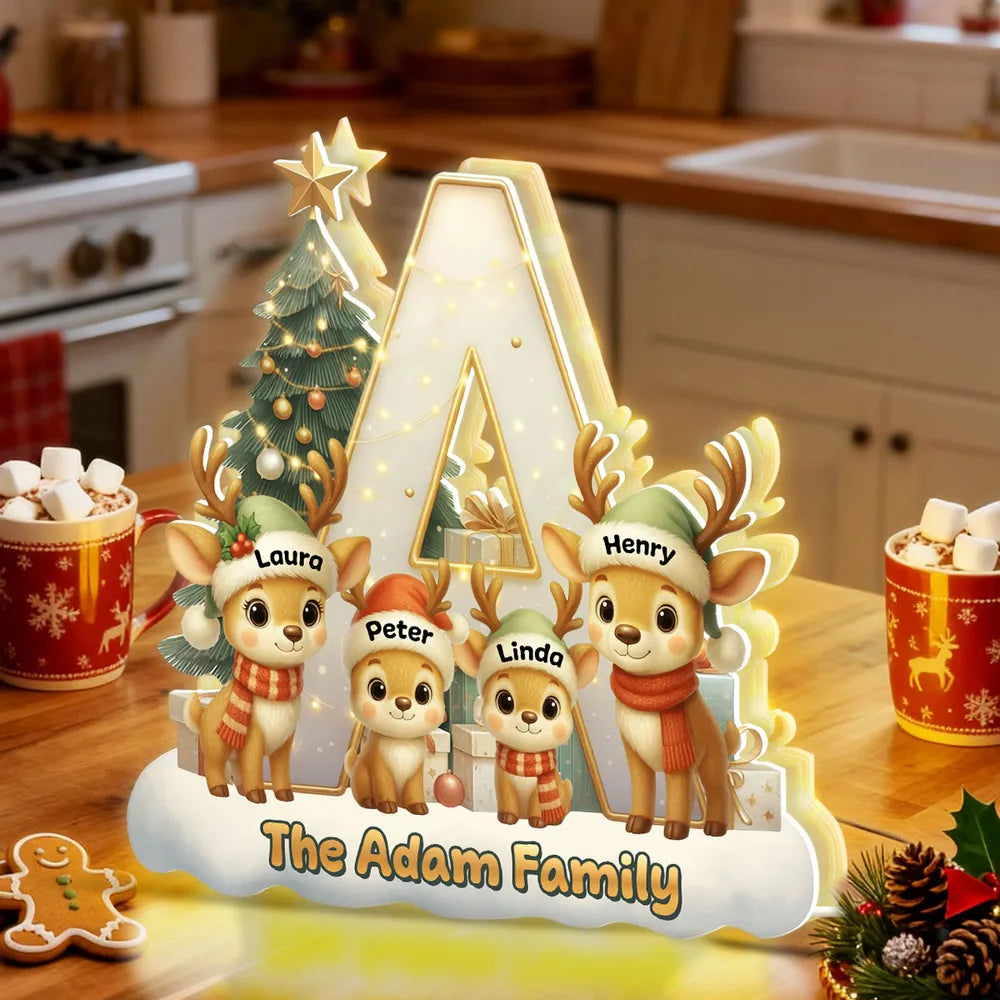 Personalized Acrylic Initial Letter Light Box with Reindeer Family, Cozy Christmas Tree Glow, Festive Home Decor Gift