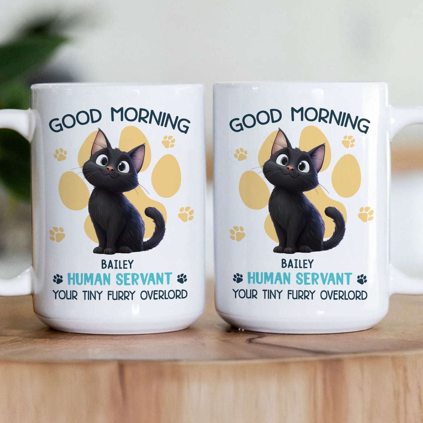 Say Hello to Your Tiny Furry Overlord – Customizable Good Morning Mug for Cat Lovers, Featuring Your Cat’s Name, Great Gift for Cat Owners, Available in White Ceramic Mug or Two-Tone Mug