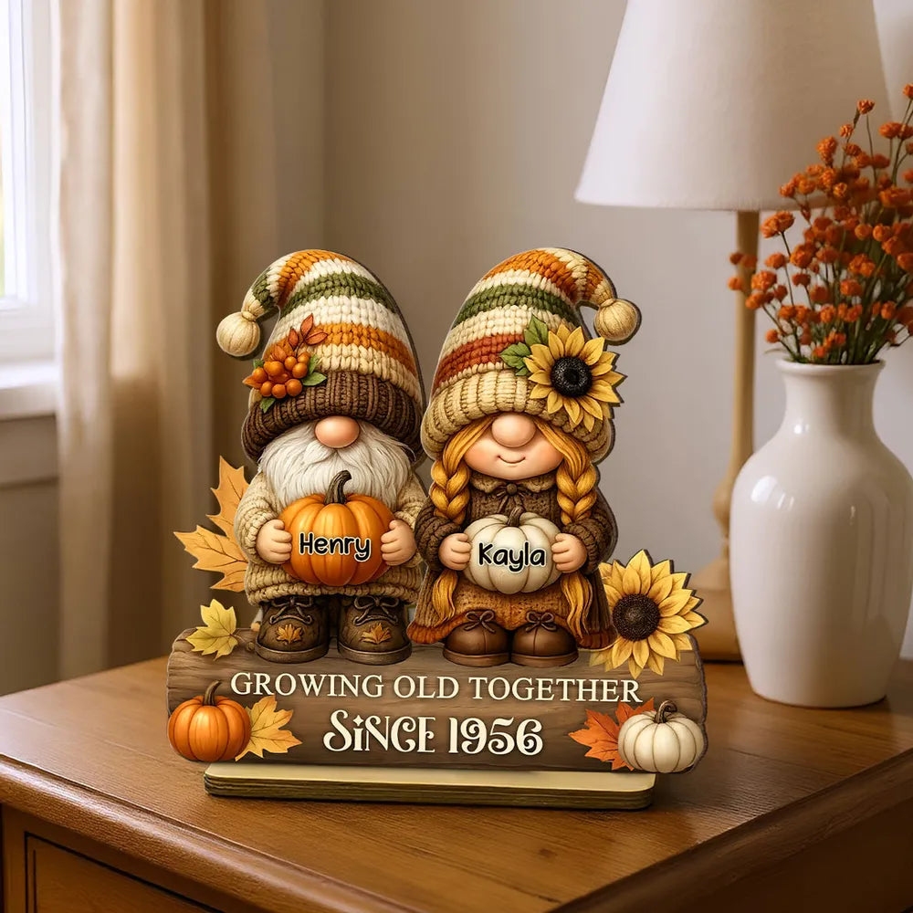 Gnome Couple Wooden Plaque, Customizable Fall Pumpkins and Sunflowers, Romantic Keepsake for Home, Unique Couple Gift