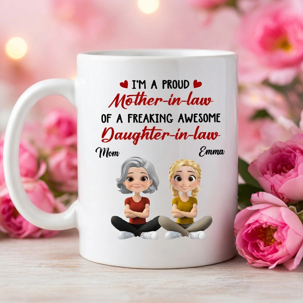 Ceramic Mug with Funny Mother-in-Law Daughter-in-Law Quote, Personalized Cute Cartoon Design, Thoughtful Gift