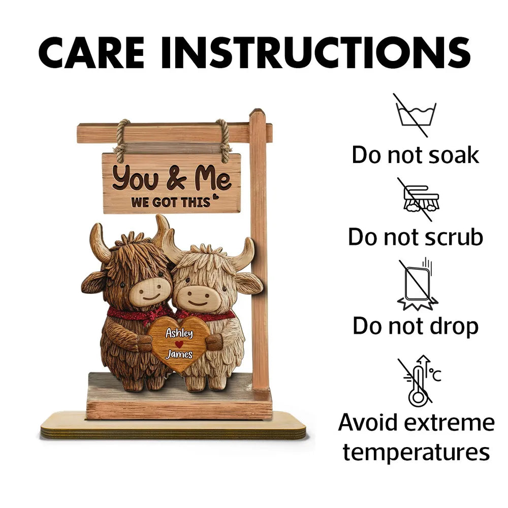 You & Me We Got This 2-Layer Wooden Plaque, Personalized Heart Name Sign with Adorable Cows, Unique Romantic Gift for Couples