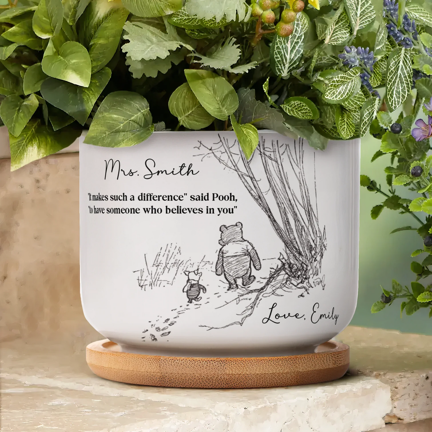 Personalized Ceramic Planter with Tray for Teacher Appreciation, Succulent Display, Unique Thank You Gift