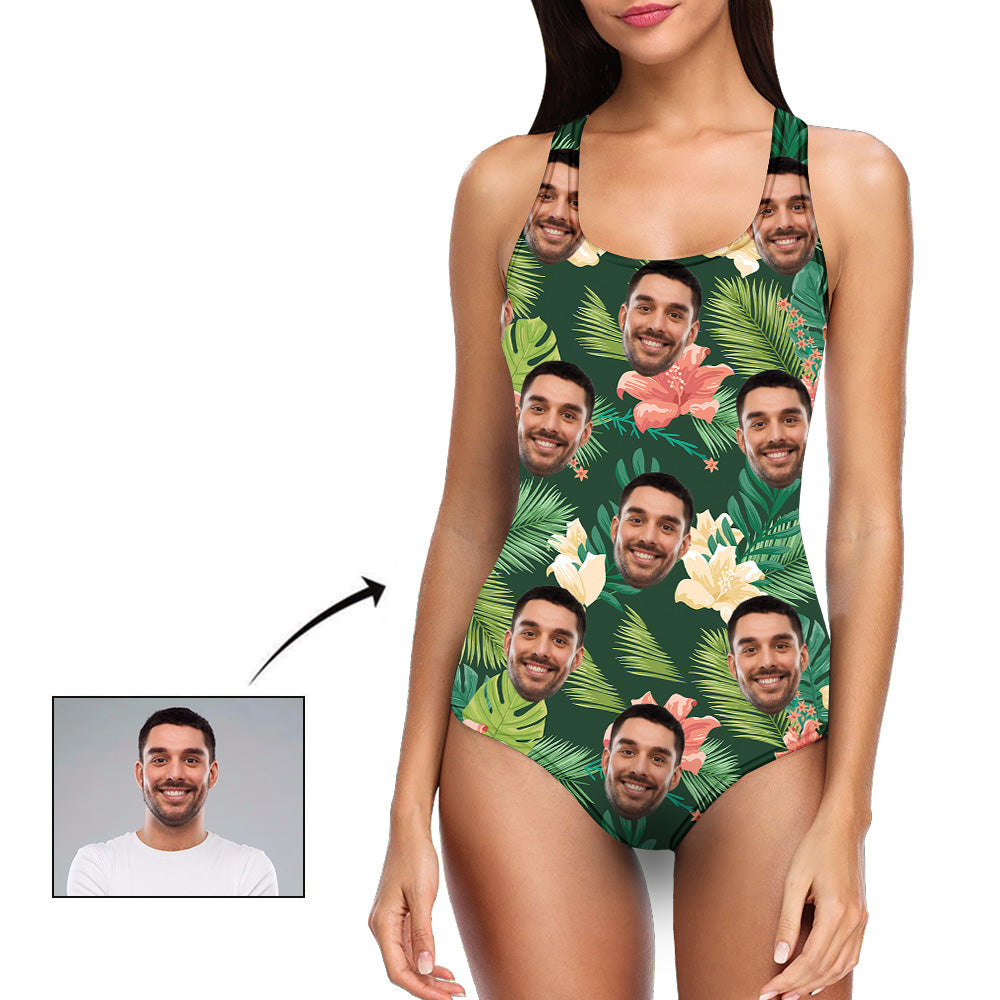 Custom Face Swimsuit Tropical Style - Personalized Couple One Piece Swimwear