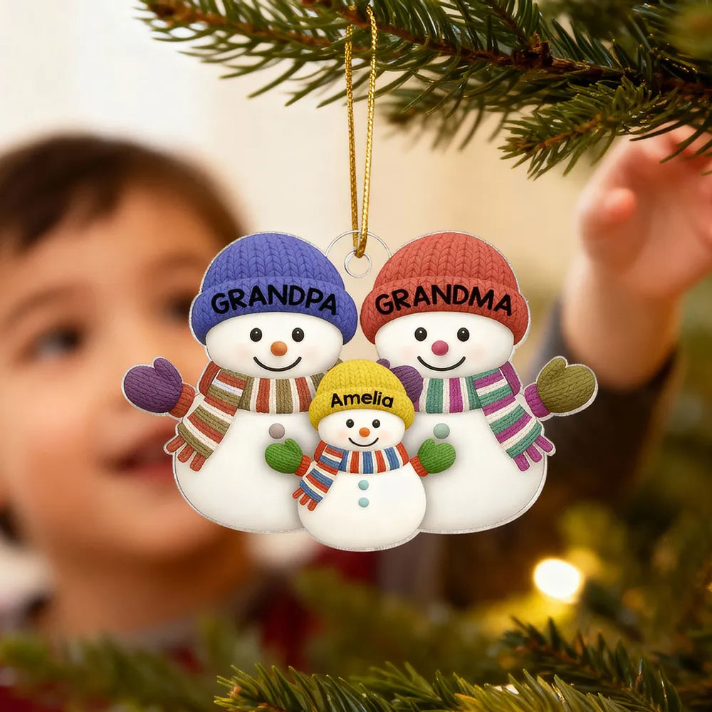 Grandparents & Grandchild Snowman Acrylic Ornament – Heartwarming Family Design, Perfect Holiday Gift