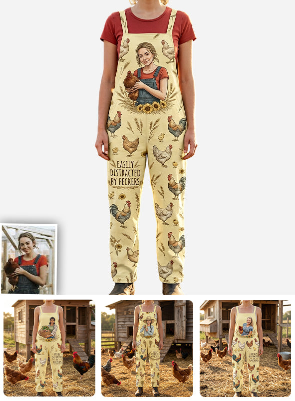 Easily Distracted By Peckers, Farmers Gift - Personalized Chicken Loose-Fit Overalls/ Rompers