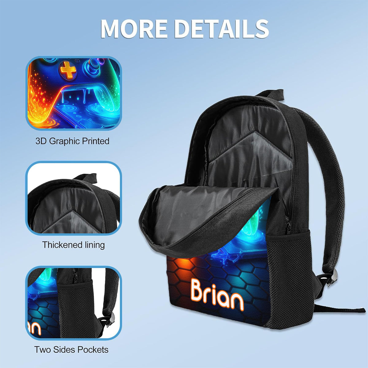Gaming Handle - Boys' Large Capacity School Bag Set of Three - Personalized Kid Backpack Lunch Bag Pencil Case Set