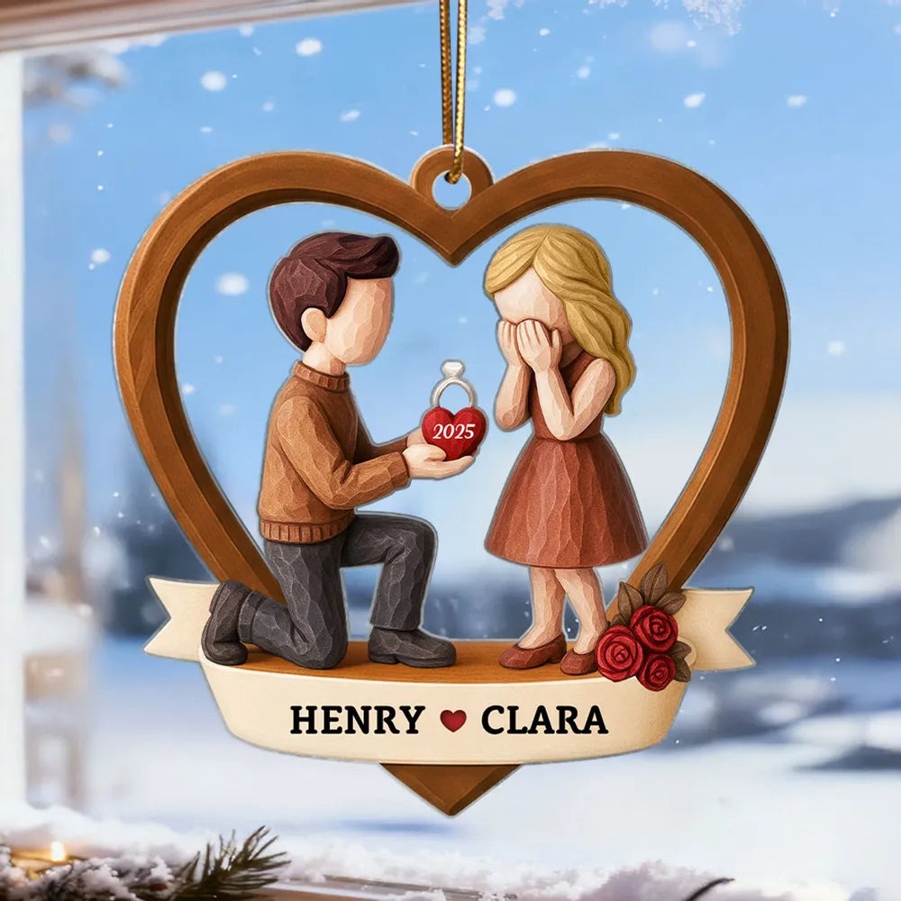 Personalized Couple Proposal Acrylic Ornament, Kneeling Engagement Moment in Heart Frame, Unique Romantic Gift