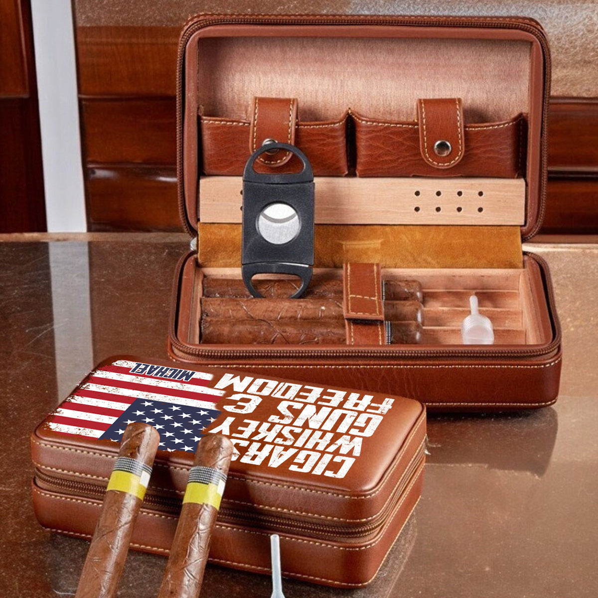 Cigars, Whiskey, G*ns & Freedom - Personalized Whisky Travel Cigar Humidor Case