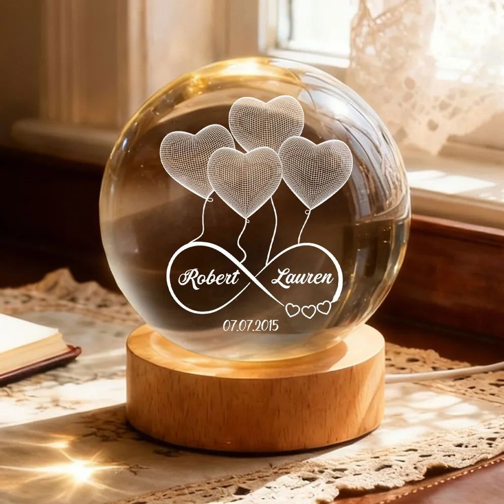 Personalized Crystal Ball LED Night Light Infinity Heart Balloon Couple Night Light, Romantic Bedroom Decor, Unique Gift for Her or Him