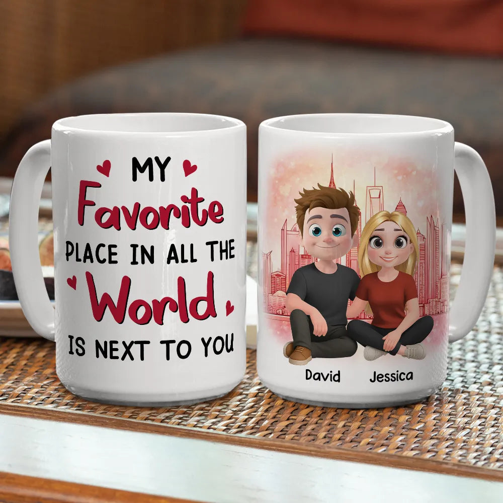 Personalized Ceramic Mug Cartoon Couple Sitting by City Skyline Unique Romantic Gift for Him or Her