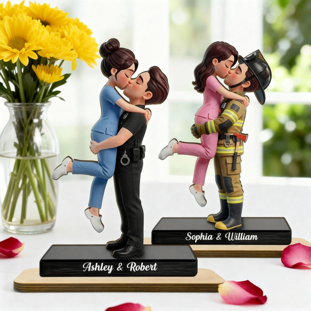 2-Layer Wooden Plaque Personalized Hero Couple Kiss - A Heartwarming Custom Gift for Couples, Police Firefighter Nurse Love