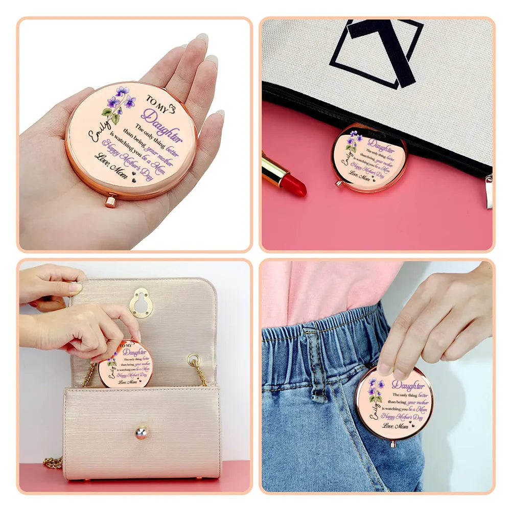 Personalized Metal Compact Mirror To My Daughter Mother's Day Quote, Purple Floral Keepsake, Unique Gift From Mom