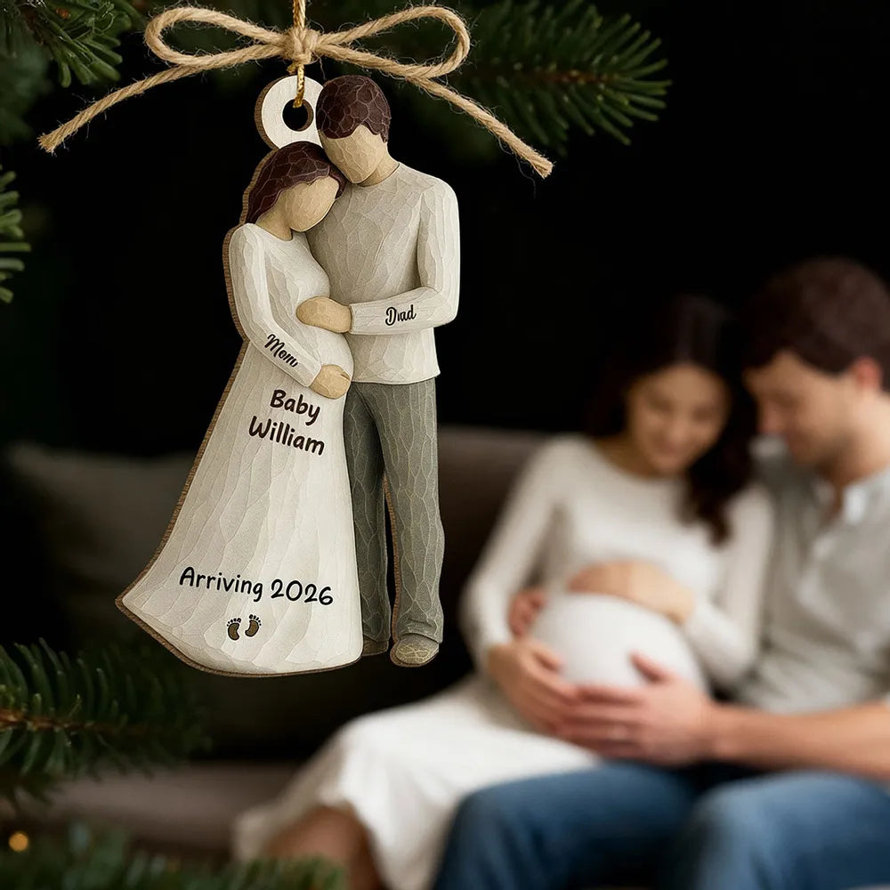 Wooden Ornament Sweet Expecting Family Hug Design, Personalized Nursery Decor Keepsake, Unique Holiday Gift for Parents