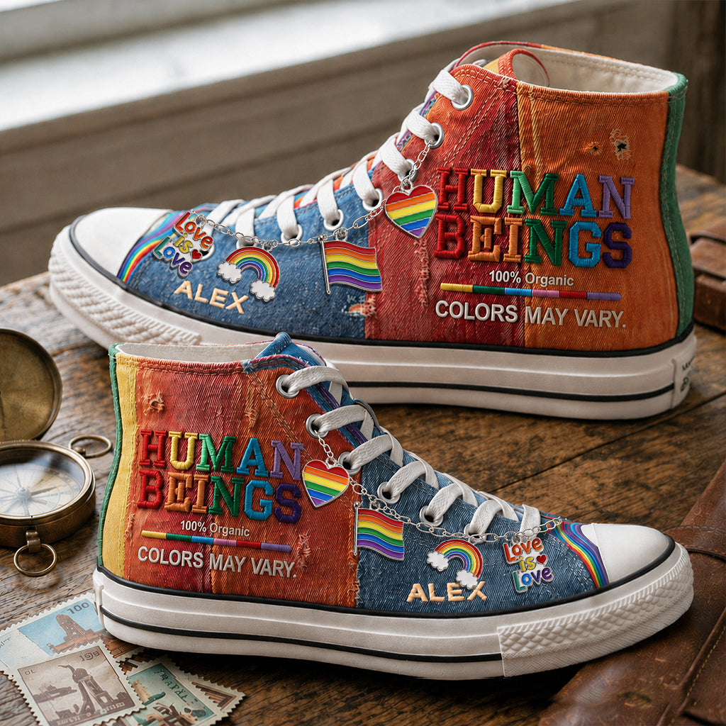 Human Beings Colors May Vary - Personalized LGBT Support High Top Shoes With Charm