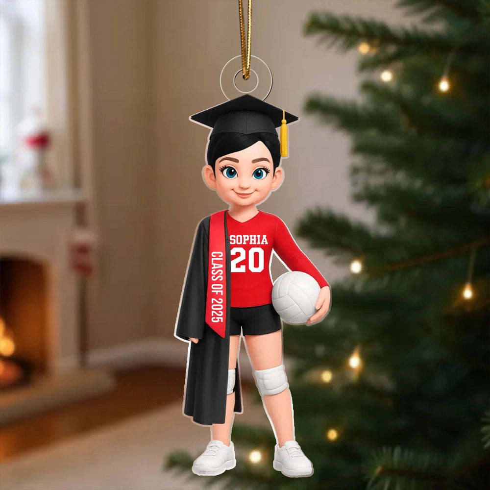 Graduation Volleyball Girl Acrylic Ornament with custom name & year, sporty keepsake gift for students and athletes
