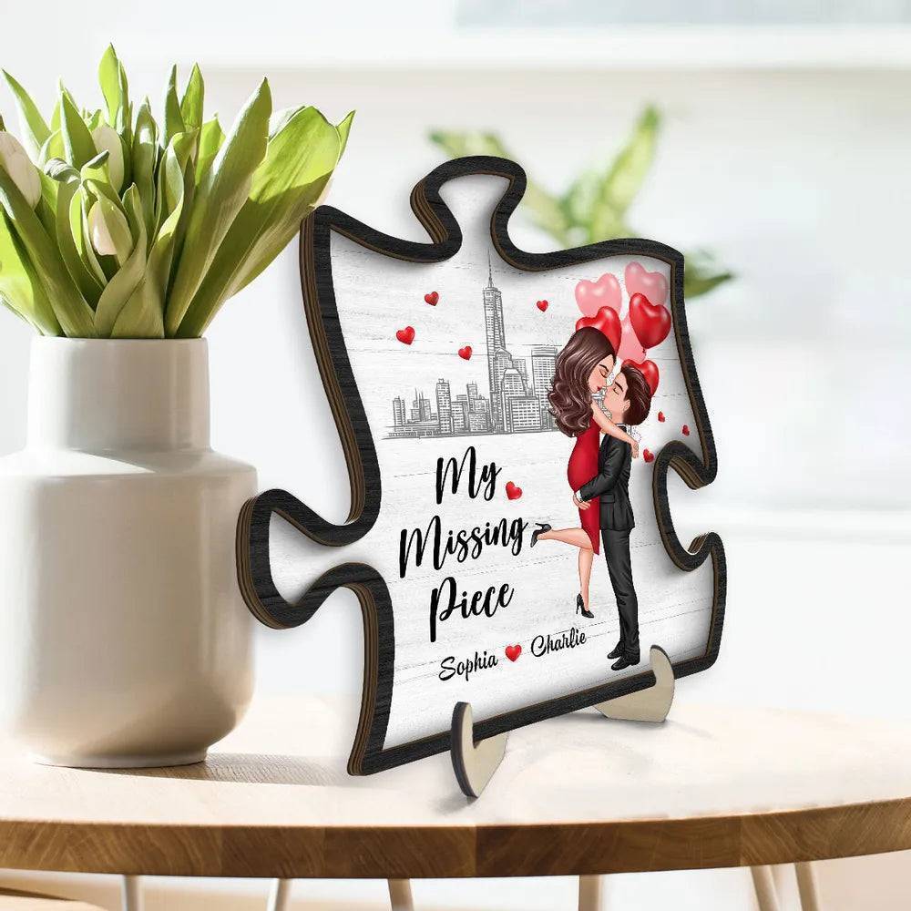 Heart's Embrace - 'My Missing Piece' Personalized Hugging Couple 2-Layer Wooden Plaque - Ideal for Valentine's & Anniversary