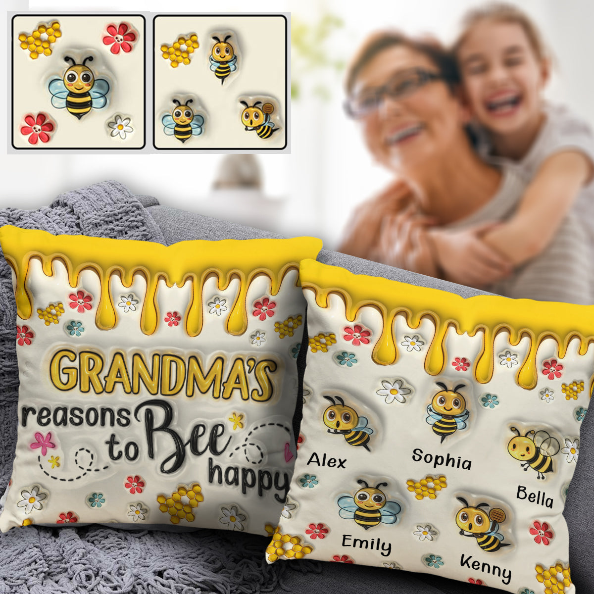 Grandma's Reasons To Bee Happy - Personalized Grandma Throw Pillow