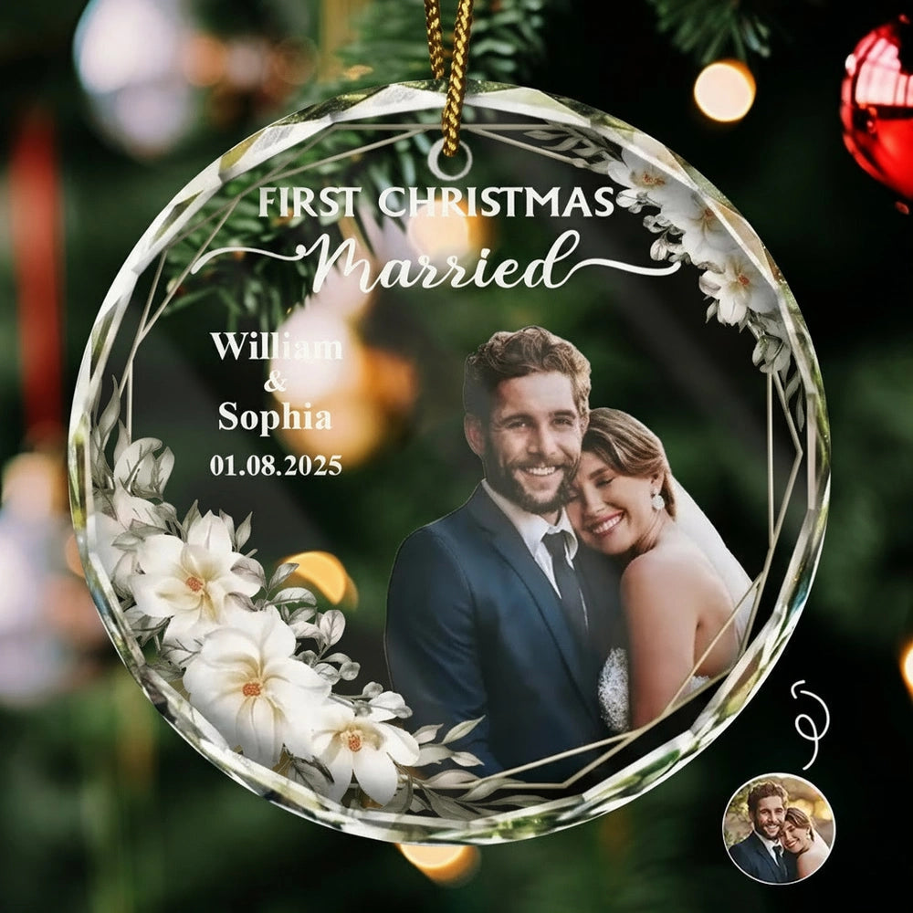 Personalized Crystal Ornament for First Christmas Married – Custom Photo Couple Keepsake, Romantic Holiday Tree Gift