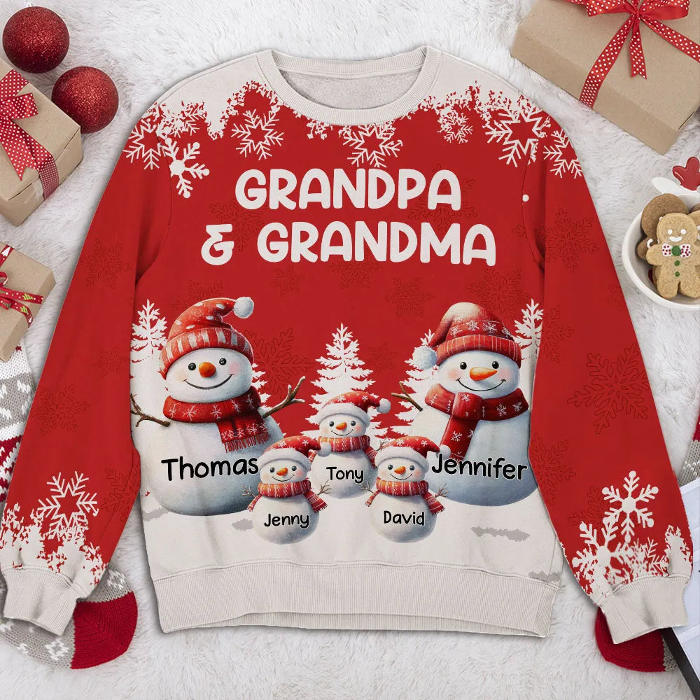 Personalized Printed Sweatshirt for Grandma and Grandpa with Cute Snowman Family Art, Cozy Christmas Keepsake & Unique Grandparent Gift