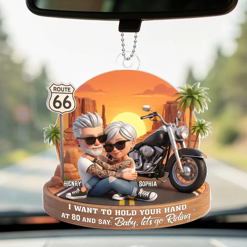 Acrylic Car Hanger Personalized Romantic Road Trip Scene Baby Let's Go Riding Quote - Cute Car Mirror Decor Gift for Couples
