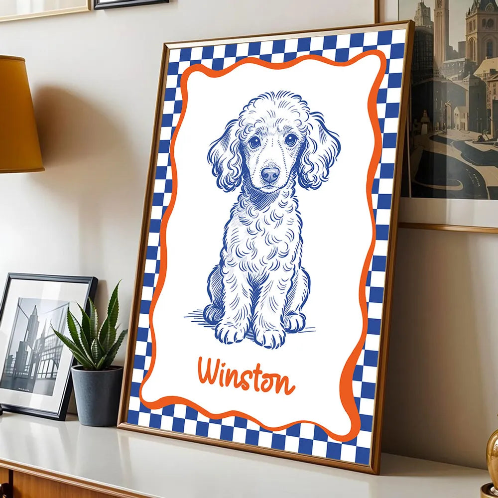 Personalized Dog Portrait Poster Modern Blue Line Art Wall Decor, Unique Creative Gift for Dog Lovers