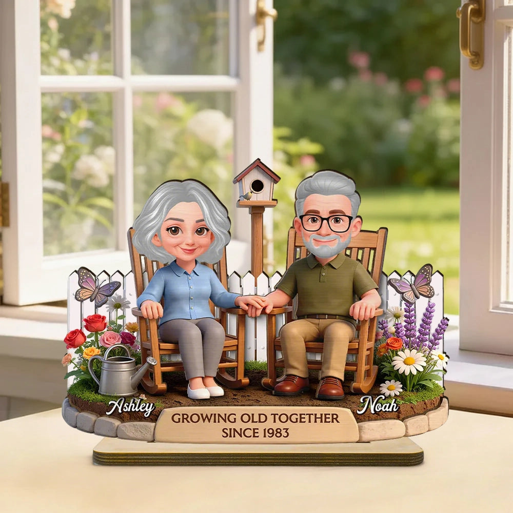 Personalized 2-Layer Wooden Plaque with Couple in Garden Rocking Chairs, Growing Old Together Unique Gift for Husband or Wife