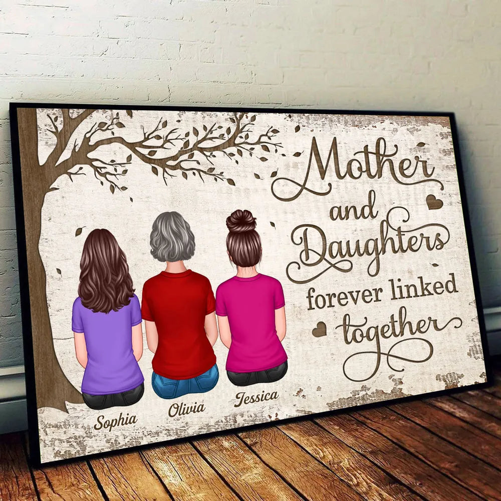 Mother and Daughters Forever Linked Together – Heartfelt Gift for Mom with Personalized Names, Poster, Keychain, Plaque, Pillow, Blanket, Cup, and More for Mother’s Day