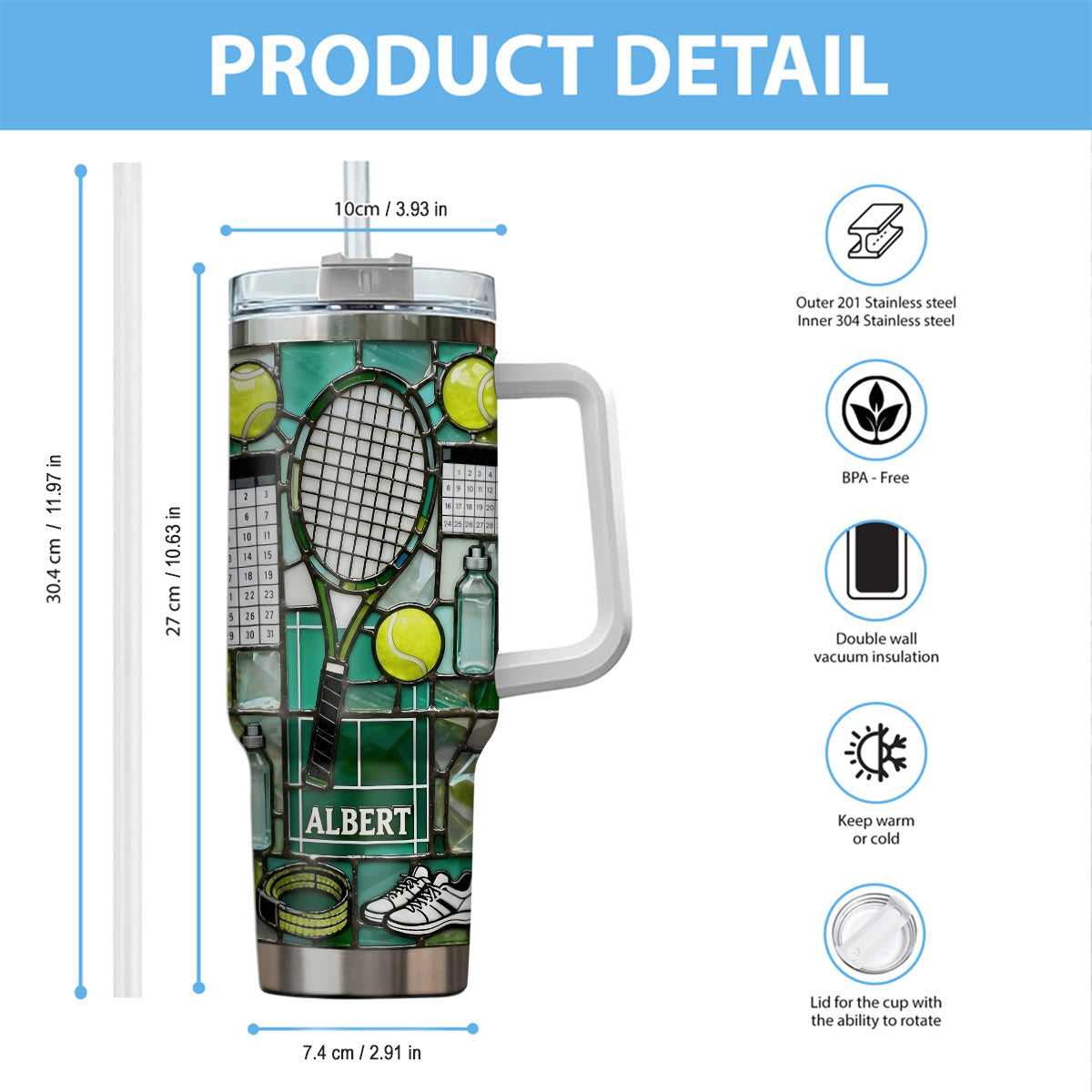 Happiest On The Court - Personalized Tennis Tumbler With Handle