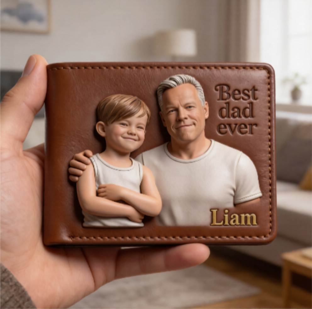 Custom 3D Photo Embossed Leather Wallet for Men - Personalized Best Dad Ever Bi-fold Wallet, Custom Father's Day Gift