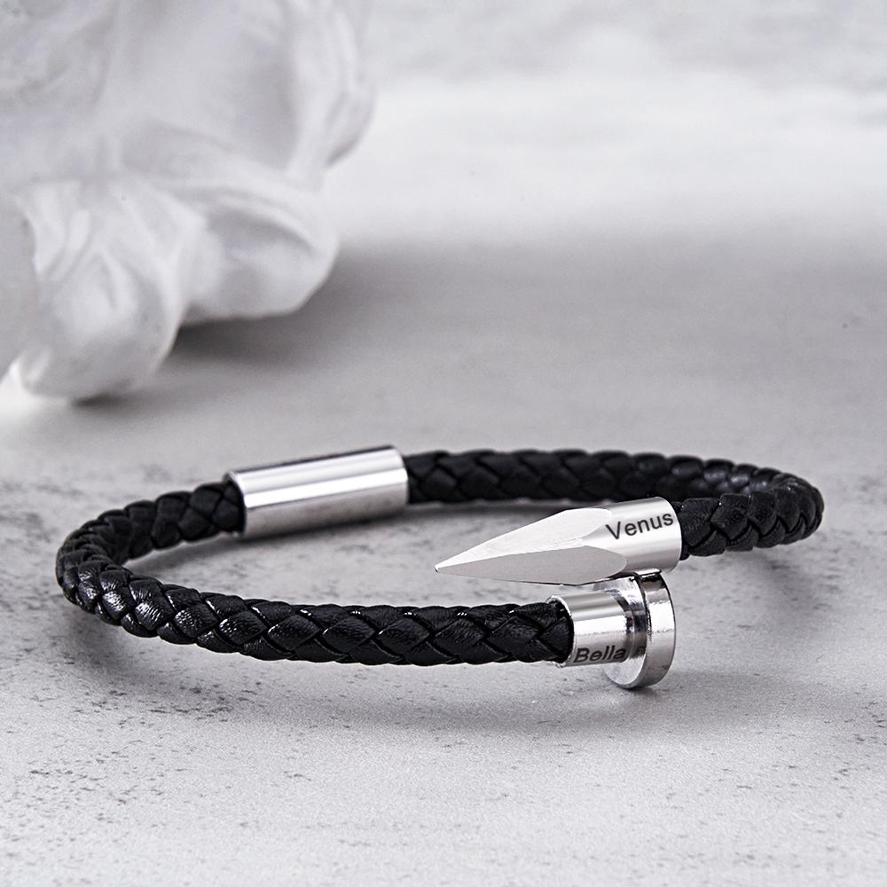 Any Name - Personalized Couple Engraved Leather Nail Bracelet
