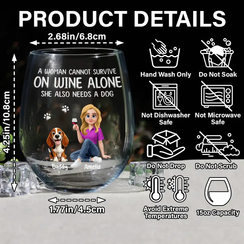 Personalized Wine Glass with Woman and Dog Cartoon - Funny Dog Mom Gift for Wine Nights