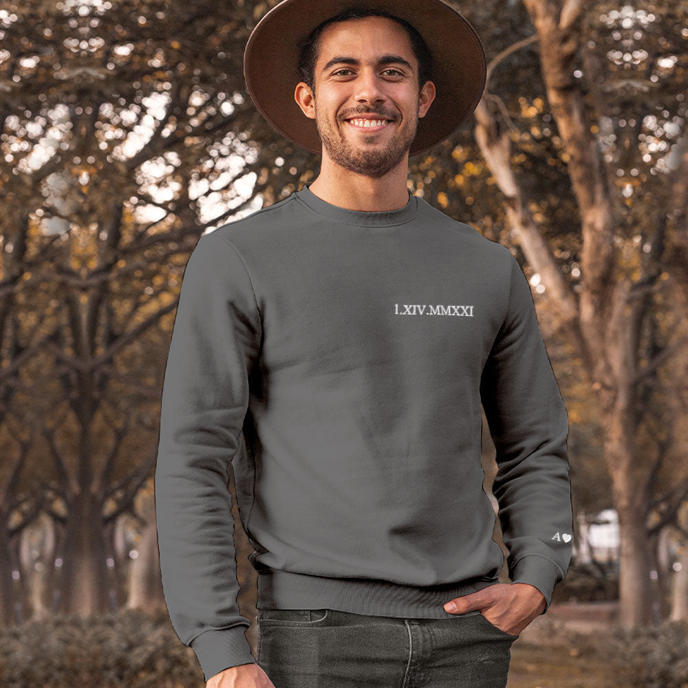 Custom Engraved Embroidery Round Neck Roman Numeral Date - Personalized Couple Sweatshirt