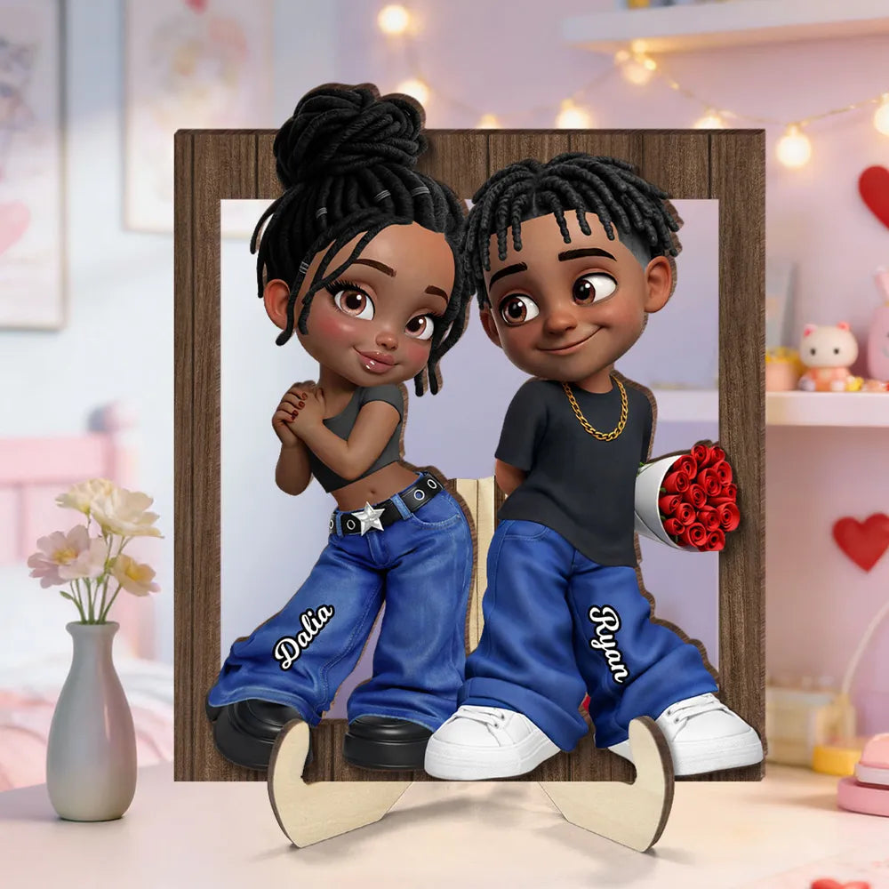Personalized 2-Layer Wooden Plaque Y2K Cartoon Couple Holding Roses Unique Gift For Him Or Her