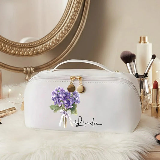 Personalized Leather Makeup Bag with Purple Florals, Custom Gift for Her & Stylish Travel Organizer