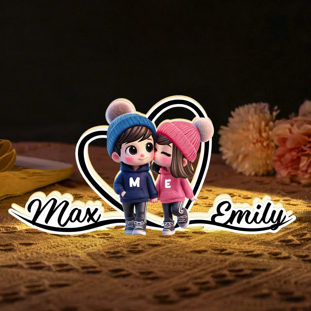 Personalized Cartoon Couple Kissing Heart Acrylic Light Box, Cozy Warm Glow Bedroom Decor, Unique Gift for Him or Her
